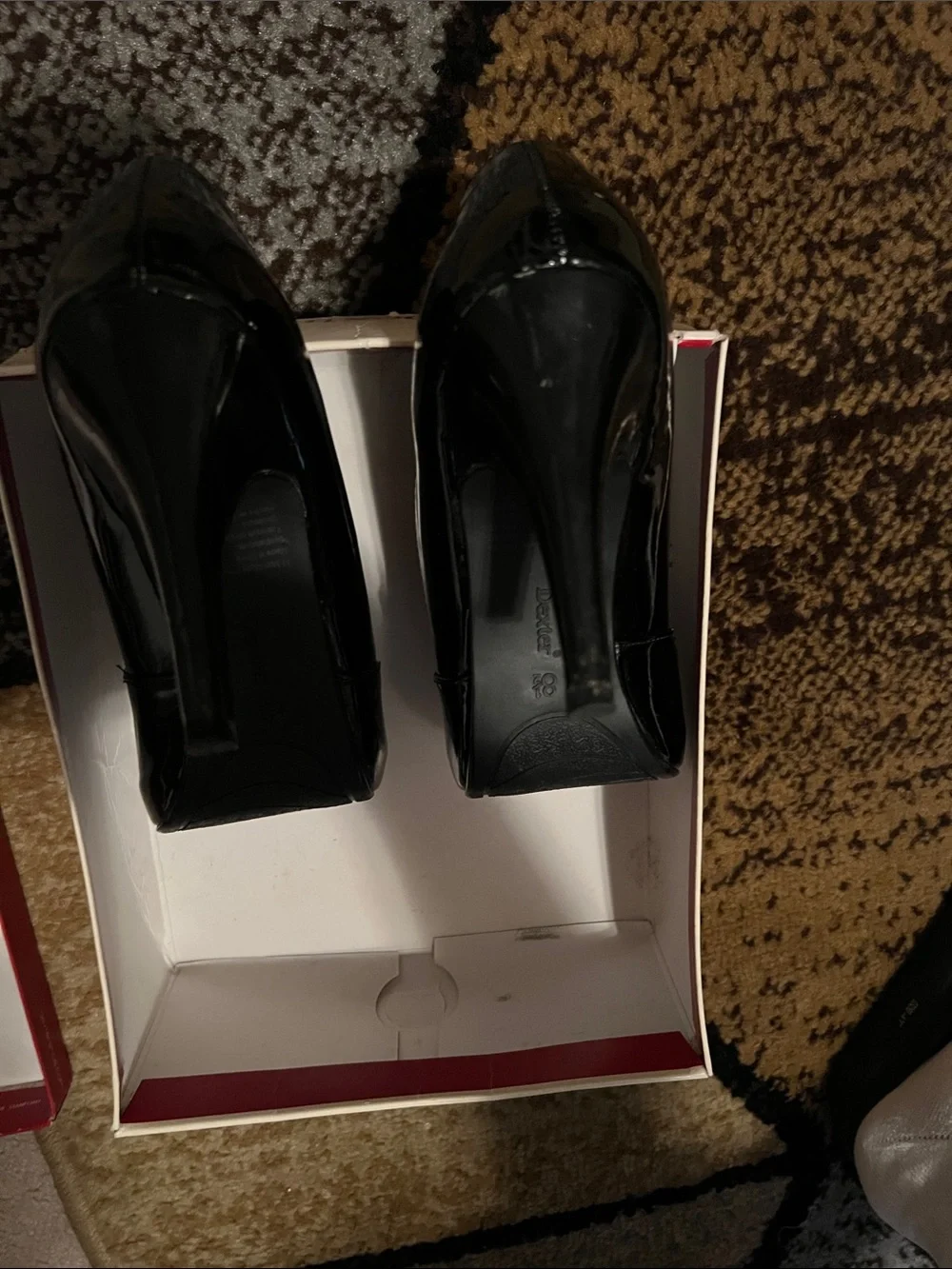 Dexter Black Patent Peep-Toe Heels with Gold Accent Buttons